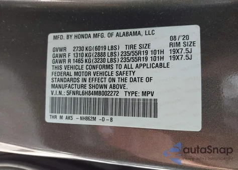 2021 Honda Odyssey Touring z USA, uszkodzony, nr VIN 5FNRL6H84MB002272